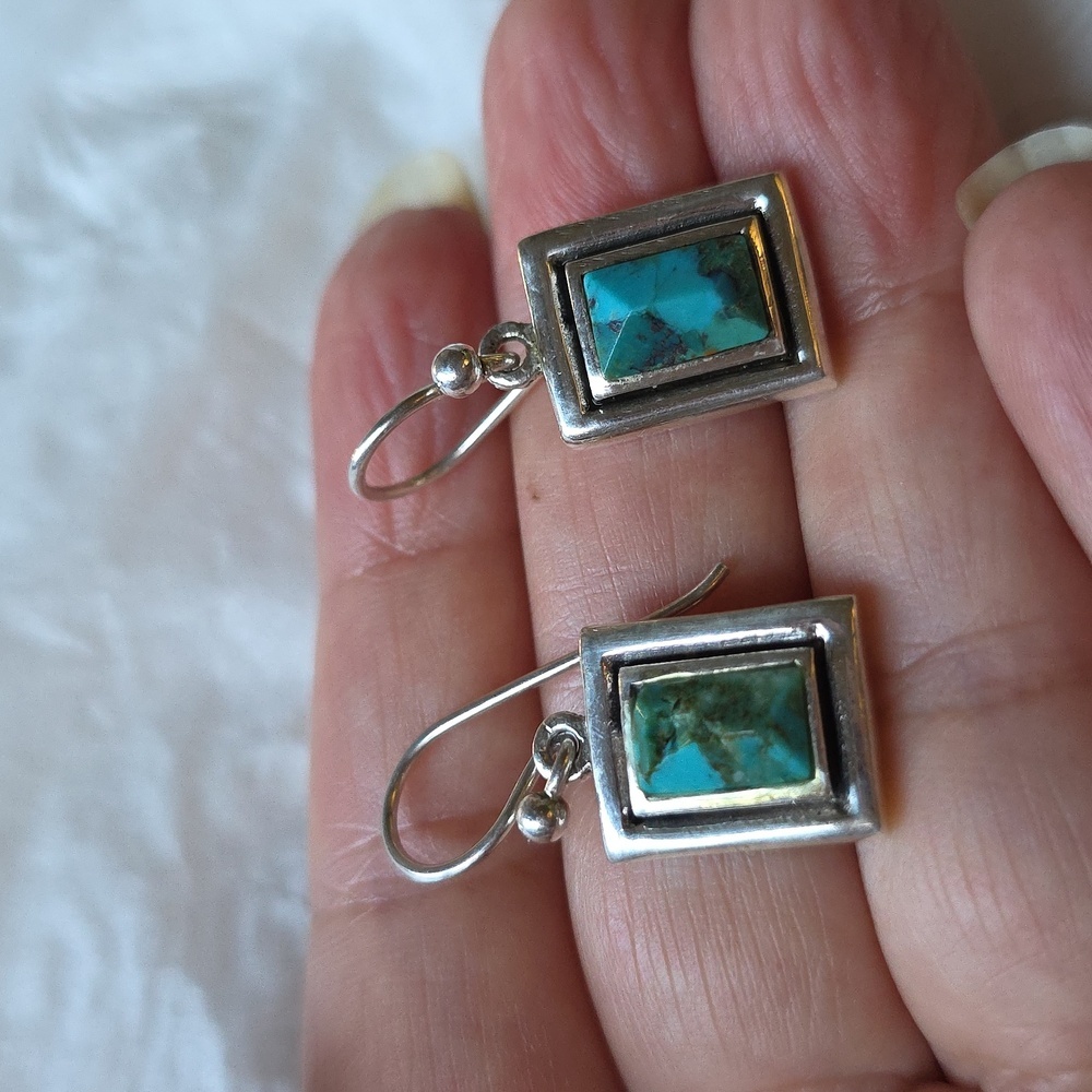 Vintage Turquoise And Silver Rectangular Earrings - image 7